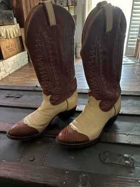 Tony Lama Brown and Cream Two-Tone Western Cowboy Boots